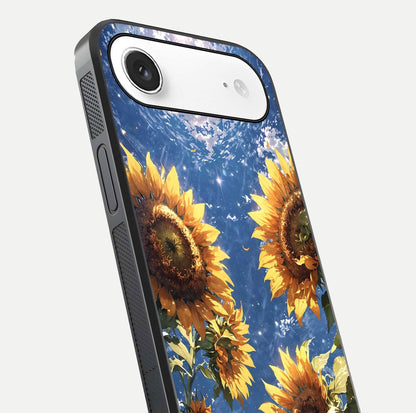 Heavenly Sunflower Rise Glass Case for iPhone Air  close-up angled shot showing sunflower texture and reflection polish