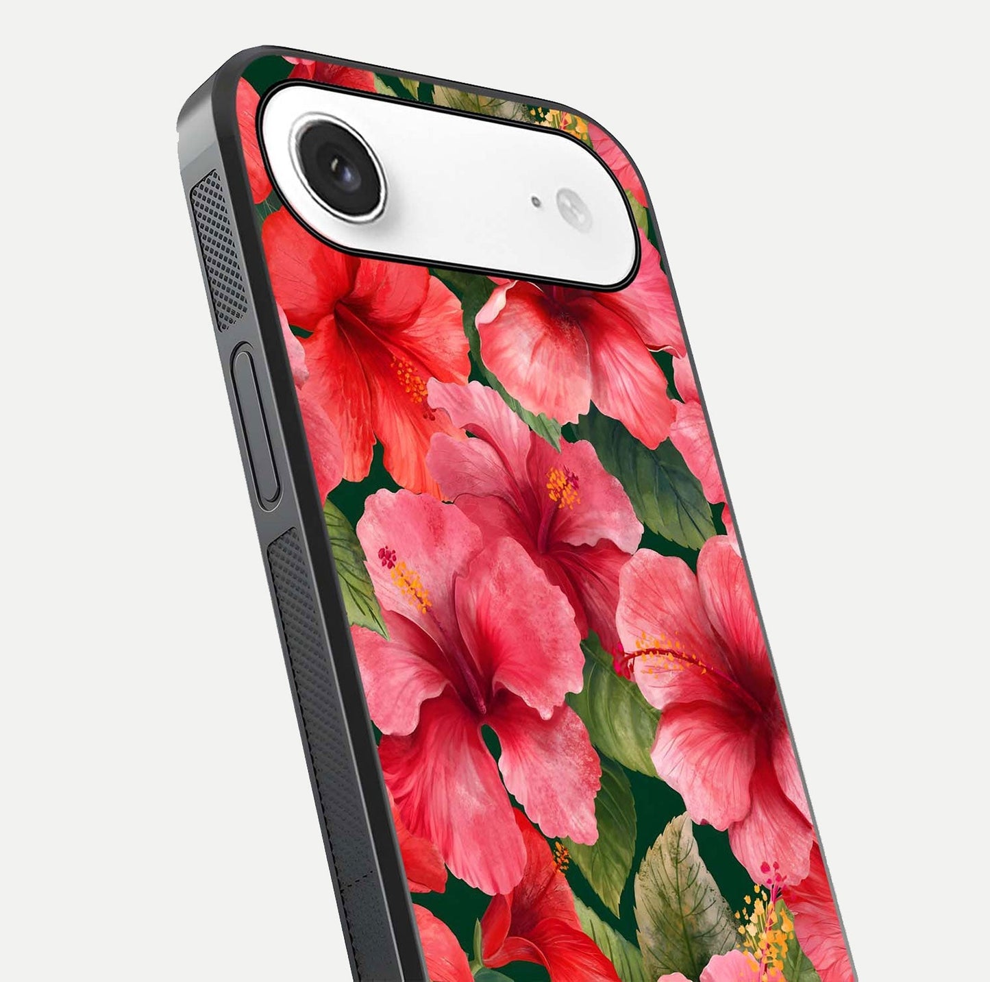 Hibiscus Pattern Glass Case for iPhone Air  close-up angled shot showing flower details and gloss reflection