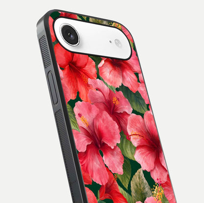 Hibiscus Pattern Glass Case for iPhone Air  close-up angled shot showing flower details and gloss reflection