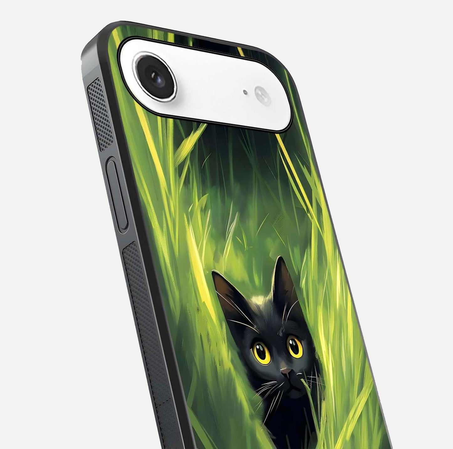 Hidden Cat Whisper Glass Case for iPhone Air  close-up angled shot showing feline details and reflection polish