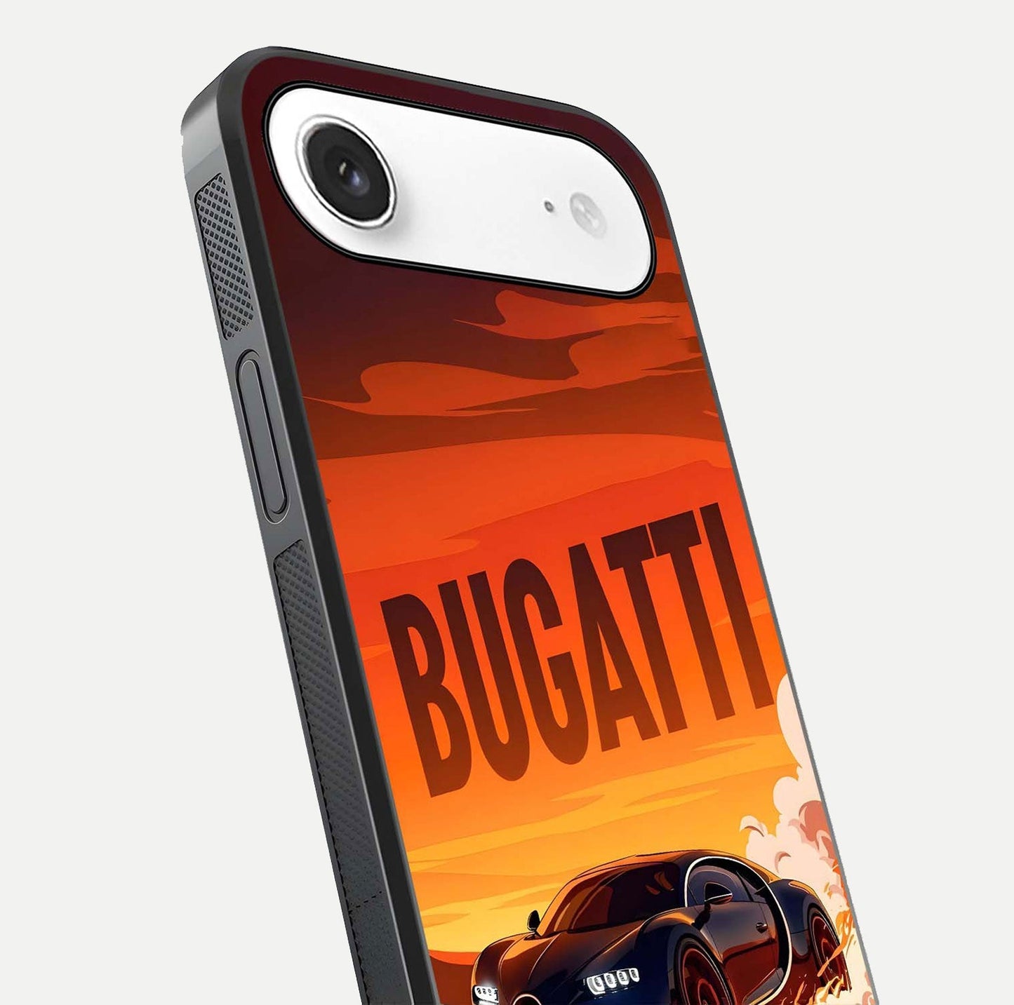 Inferno Bugatti Storm Glass Case for iPhone Air  close-up angled shot showing flame details and reflection shine