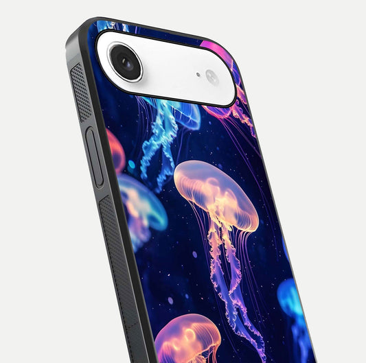 Jellyfish Pattern Glass Case for iPhone Air  close-up angled shot showing translucent tentacles and light reflection