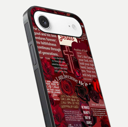 Jesus Love Heals Glass Case for iPhone Air  close-up angled shot showing healing text, cross detailing, and reflection
