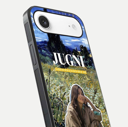 Jugni Soul Vibes Glass Case for iPhone Air  close-up angled shot showing typography detail and vibrant gloss reflection