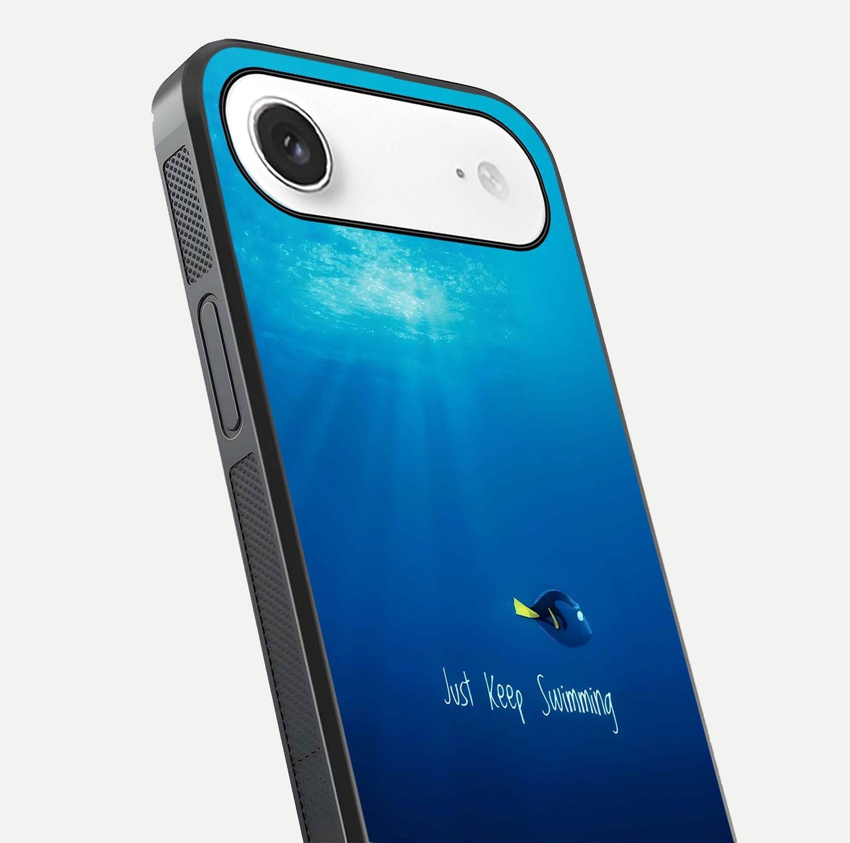 Just Keep Swimming Glass Case for iPhone Air  close-up angled shot showing elegant lettering and blue tone reflection