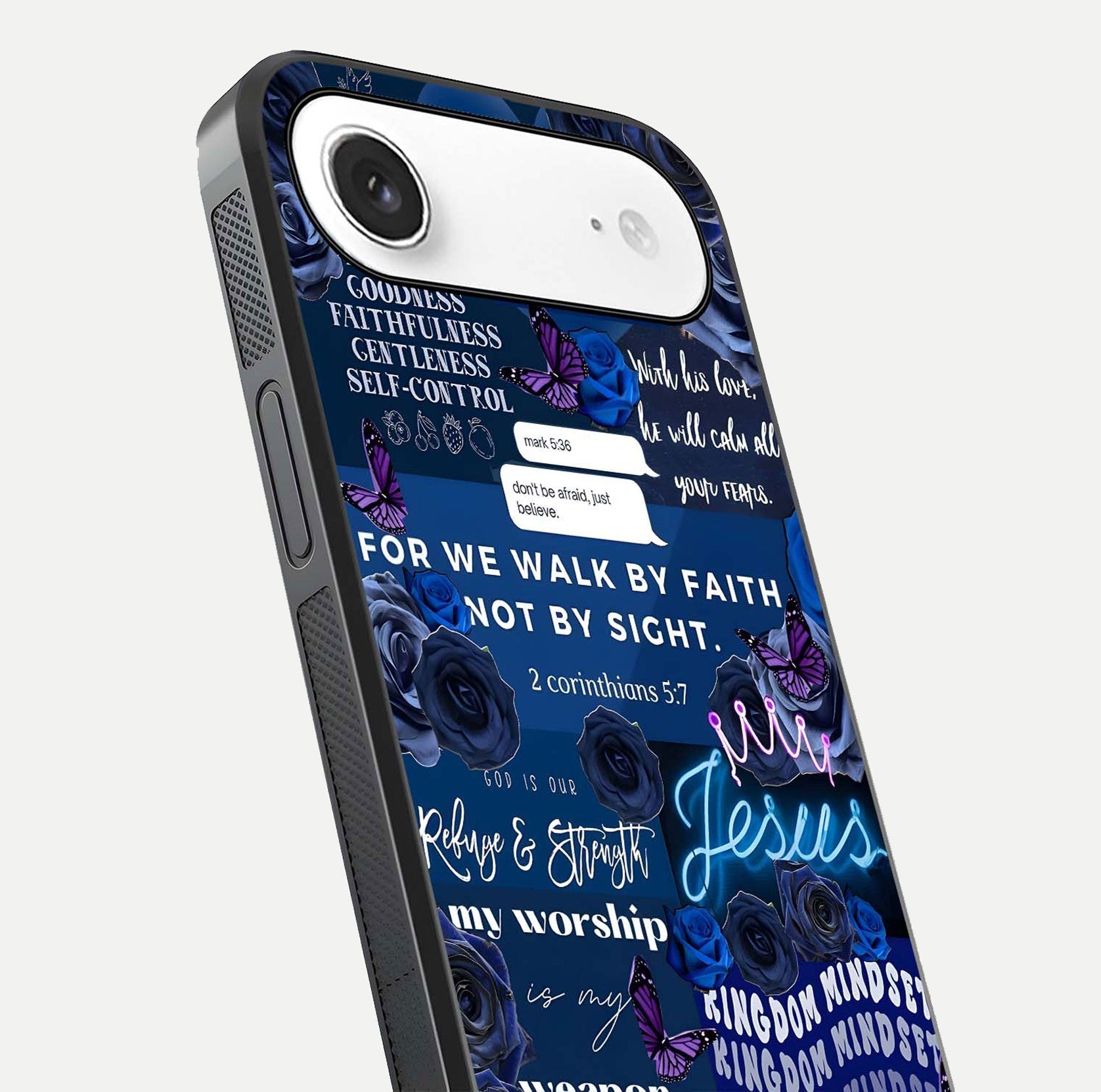 Kingdom Faith Glow Glass Case for iPhone Air  close-up angled shot showing luminous text and divine reflection