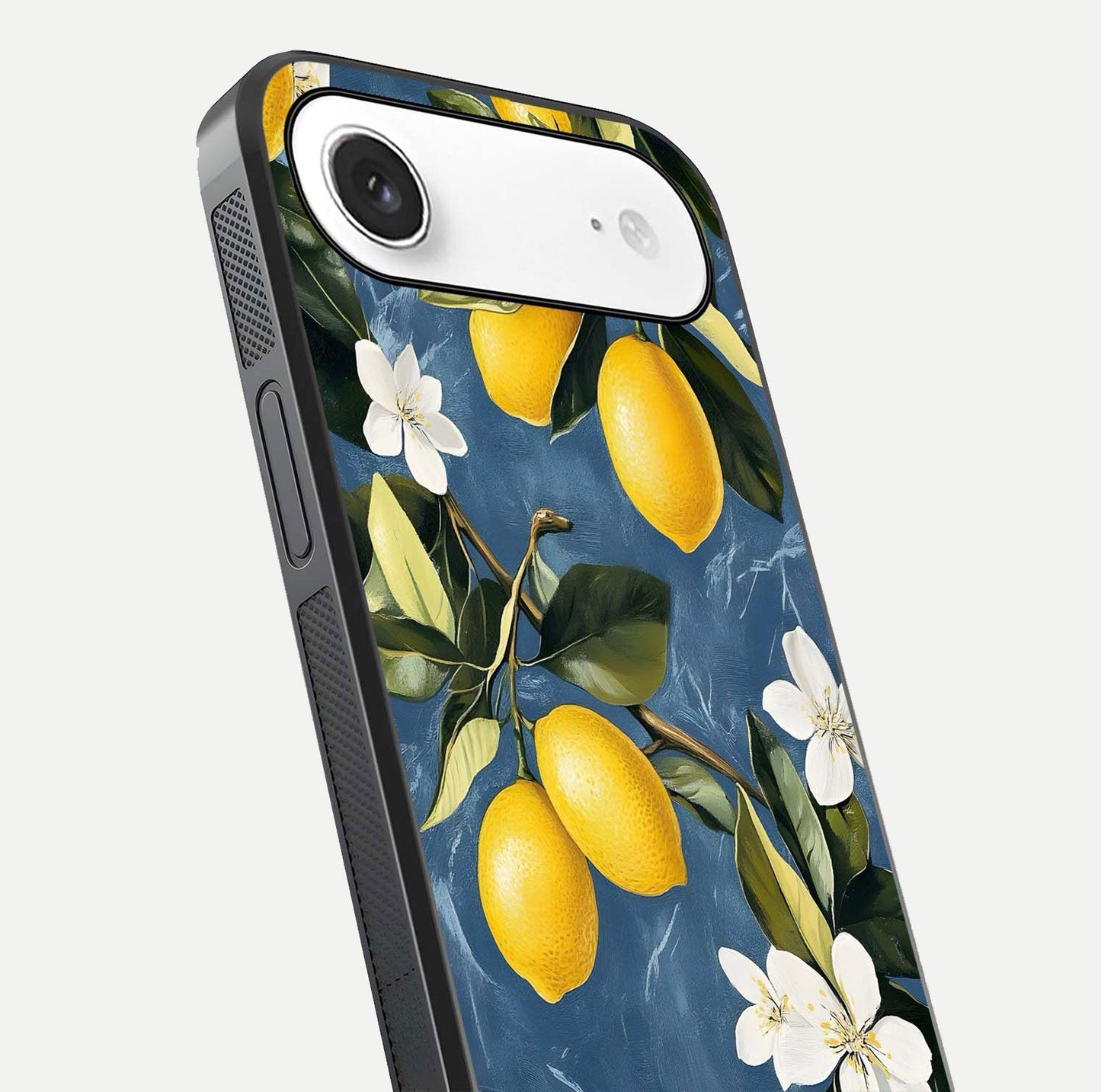 Lemon Dream Garden Glass Case for iPhone Air  close-up angled shot showing fruit details and shine reflection