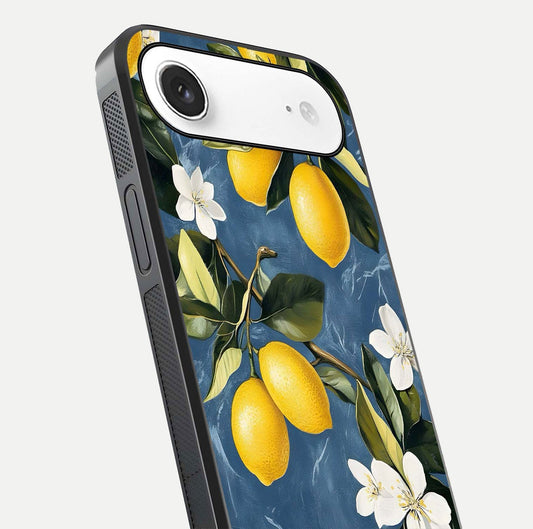 Lemon Dream Garden Glass Case for iPhone Air  close-up angled shot showing fruit details and shine reflection