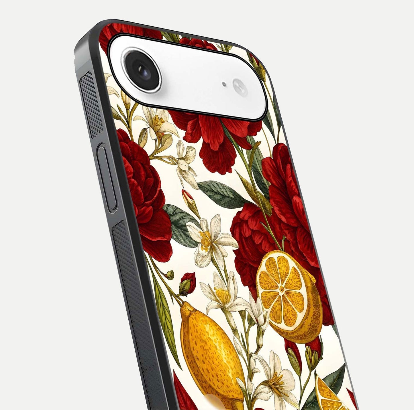 Lemon Rose Charm Glass Case for iPhone Air  angled close-up showing vivid rose details and HD glass reflection