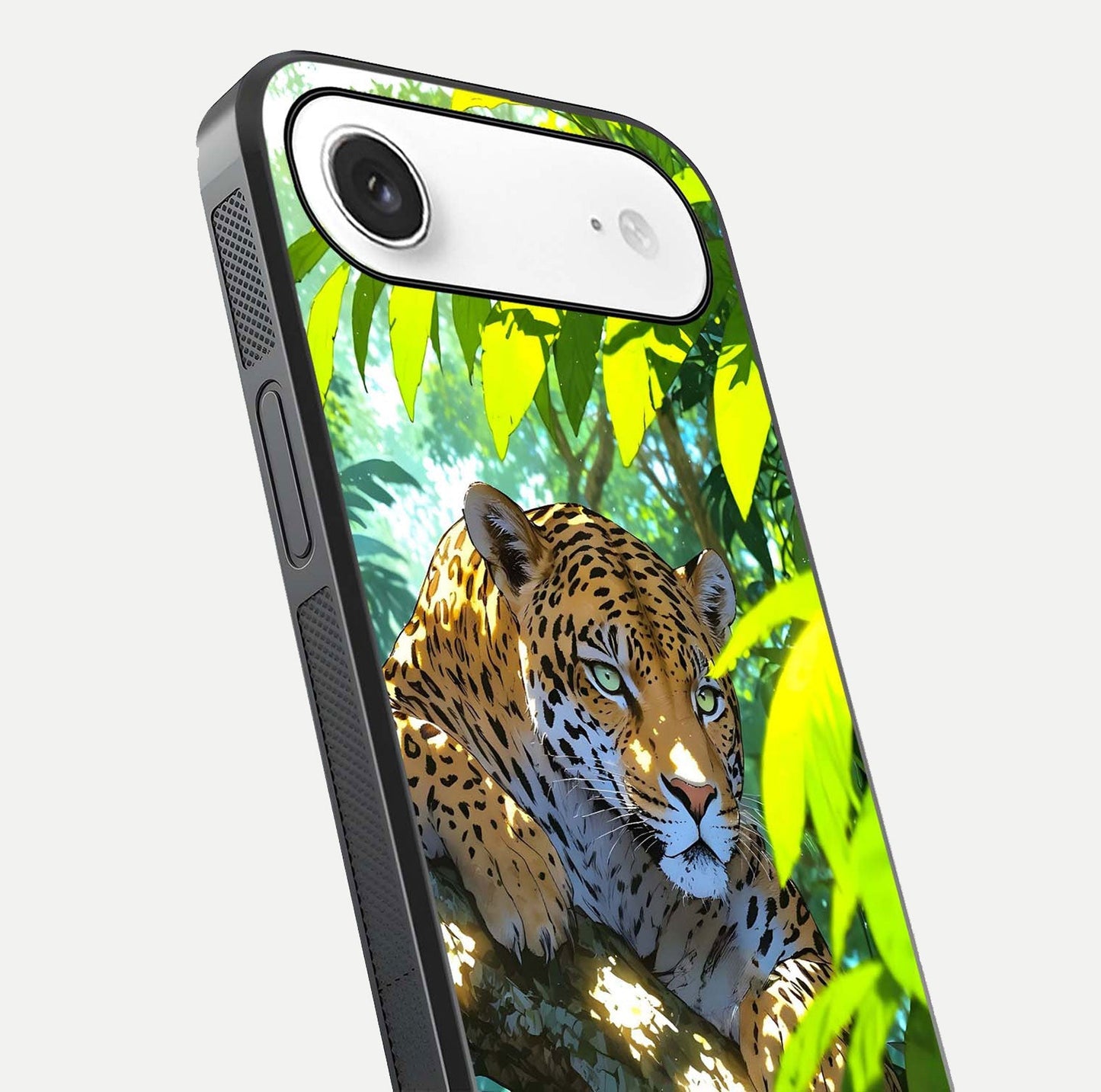 Leopard in Jungle Glass Case for iPhone Air  angled close-up showing fur texture and glossy shine reflection