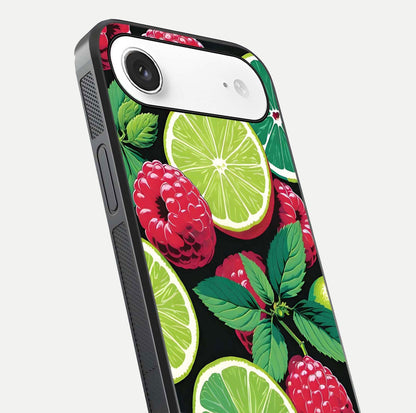 Lime and Raspberry Pattern Glass Case for iPhone Air  angled close-up showing fruit texture and reflection glow