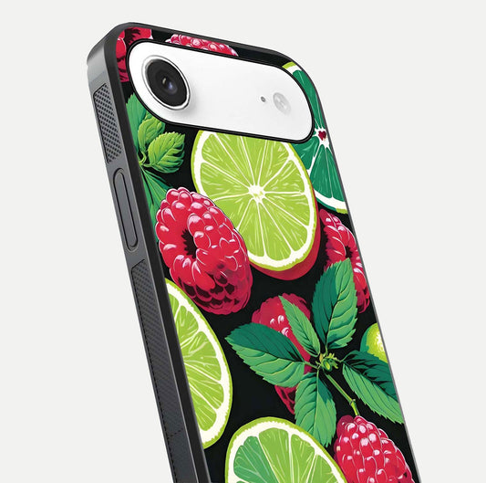 Lime and Raspberry Pattern Glass Case for iPhone Air  angled close-up showing fruit texture and reflection glow