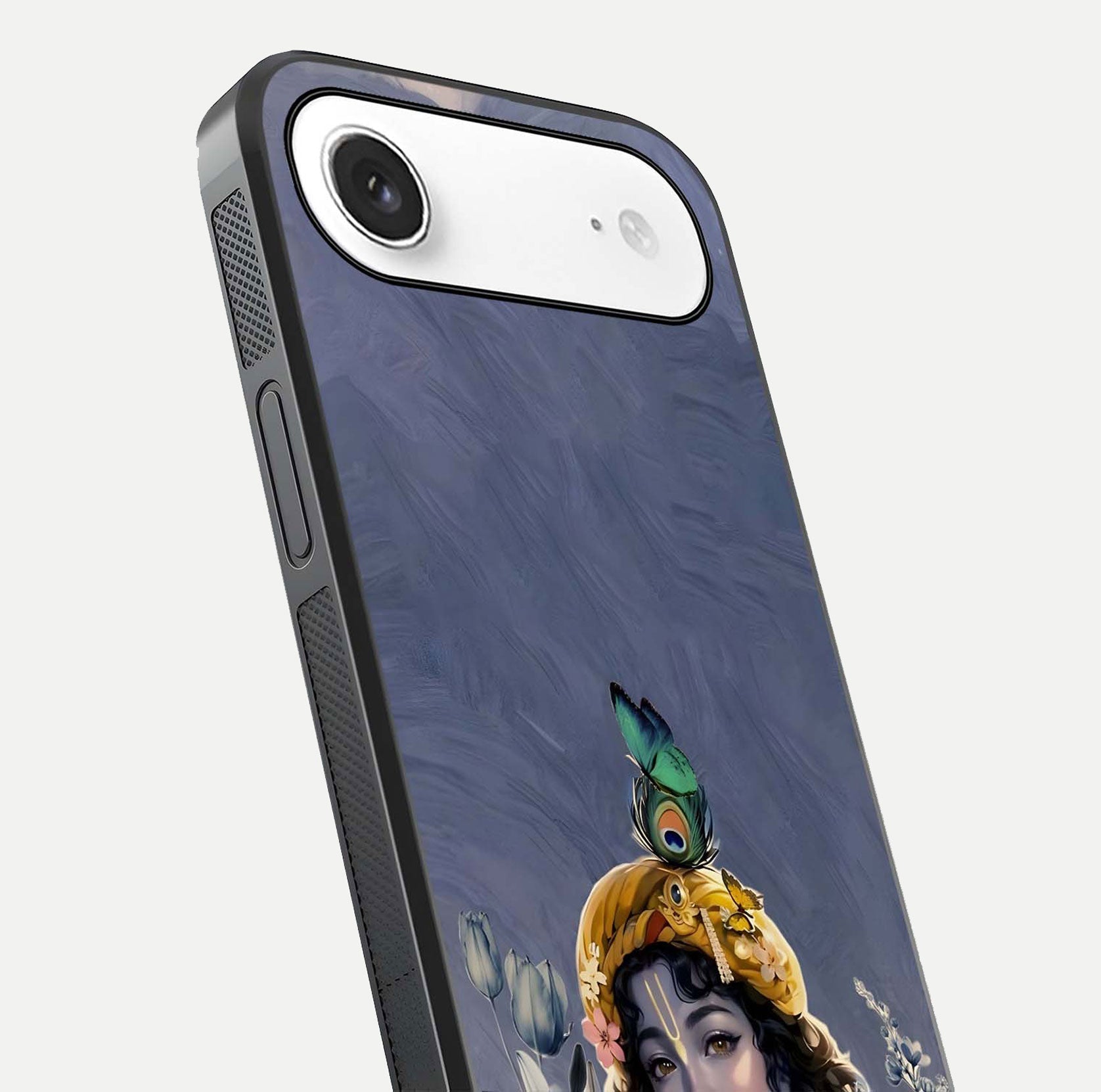 Lord Krishna Glass Case for iPhone Air  angled close-up showing intricate flute and reflection details