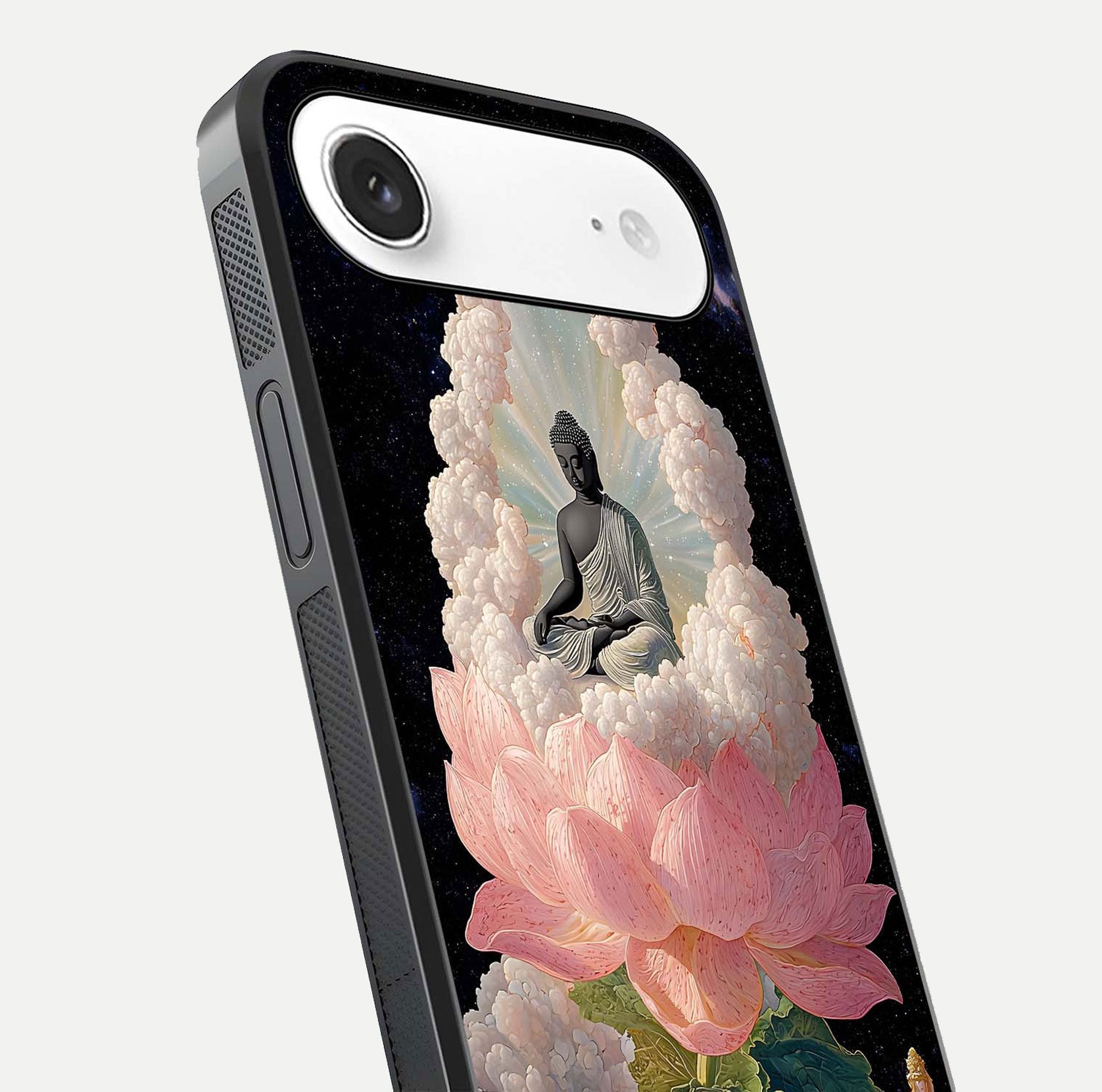 Lotus Divine Peace Glass Case for iPhone Air  angled close-up showing delicate petals and gloss reflection