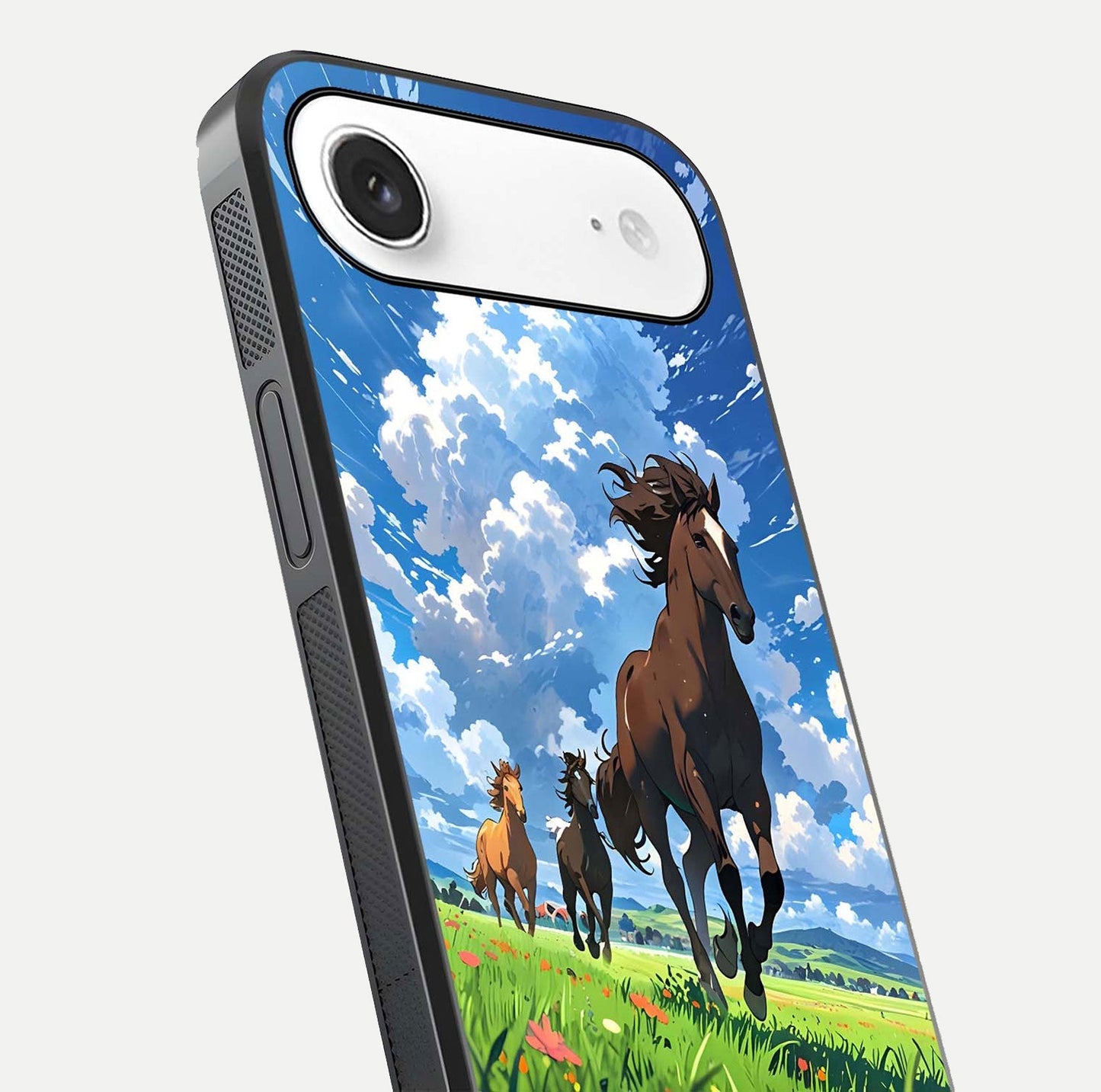 Majestic Horses Galloping Glass Case for iPhone Air  close-up angled shot showing horse motion and reflection