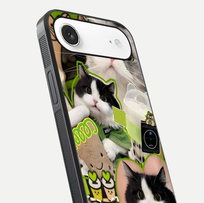 Matcha Cats Mood Glass Case for iPhone Air  close-up angled shot showing adorable cat art and reflection detail