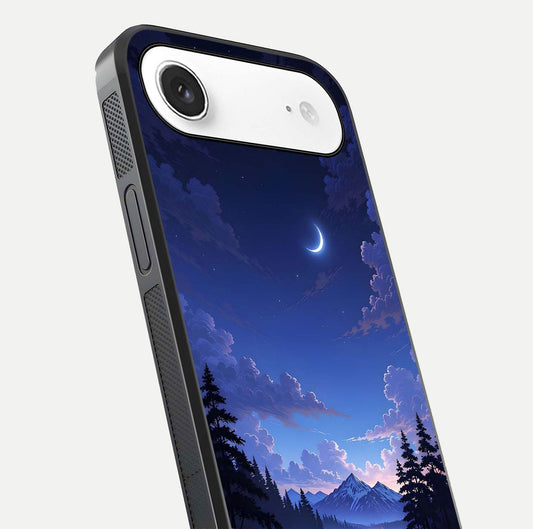 Midnight Lake Peace Glass Case for iPhone Air  close-up angled shot showing blue night tones and reflection