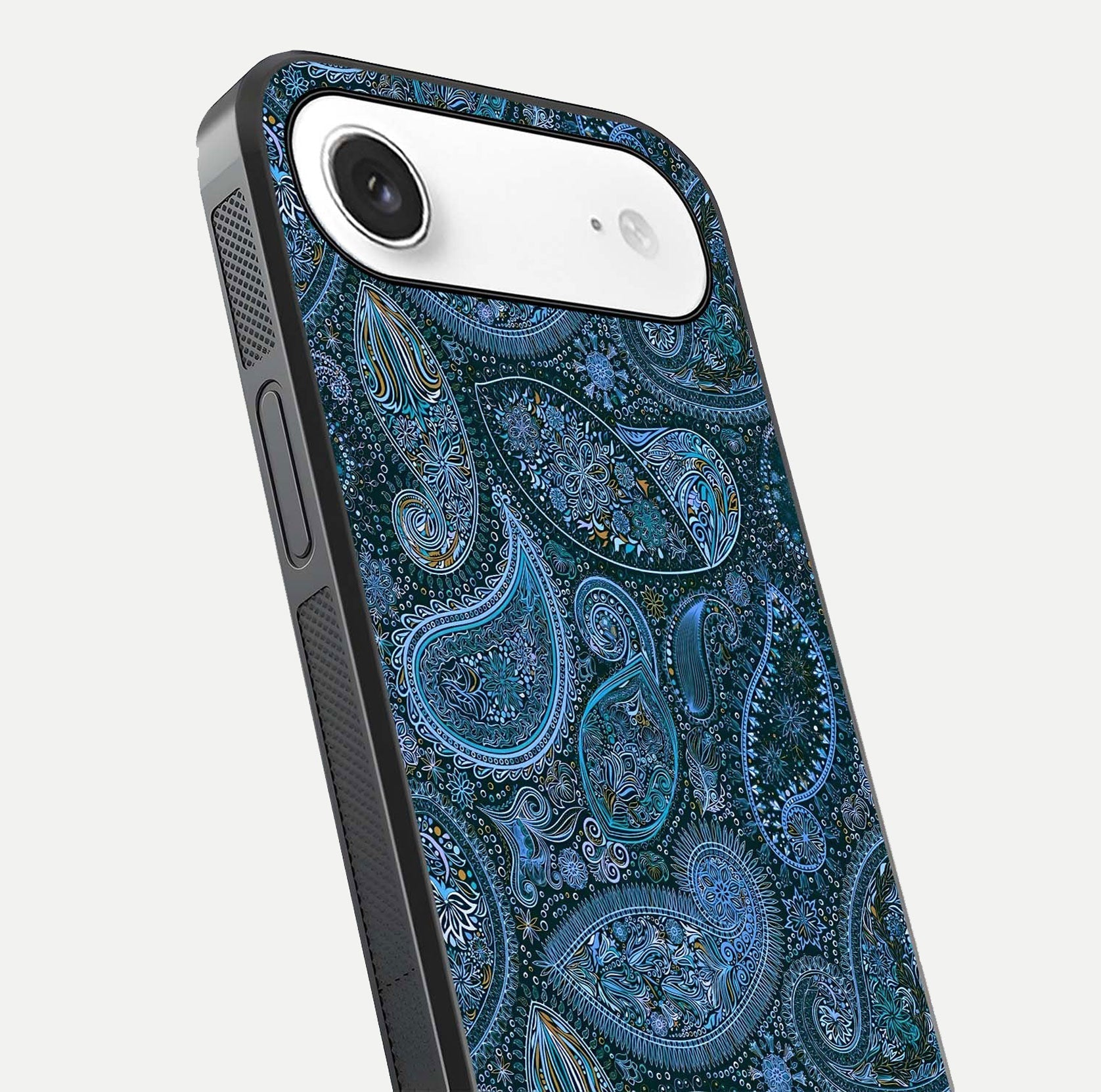 Midnight Paisley Glow Glass Case for iPhone Air  close-up angled shot showing floral details and gloss texture