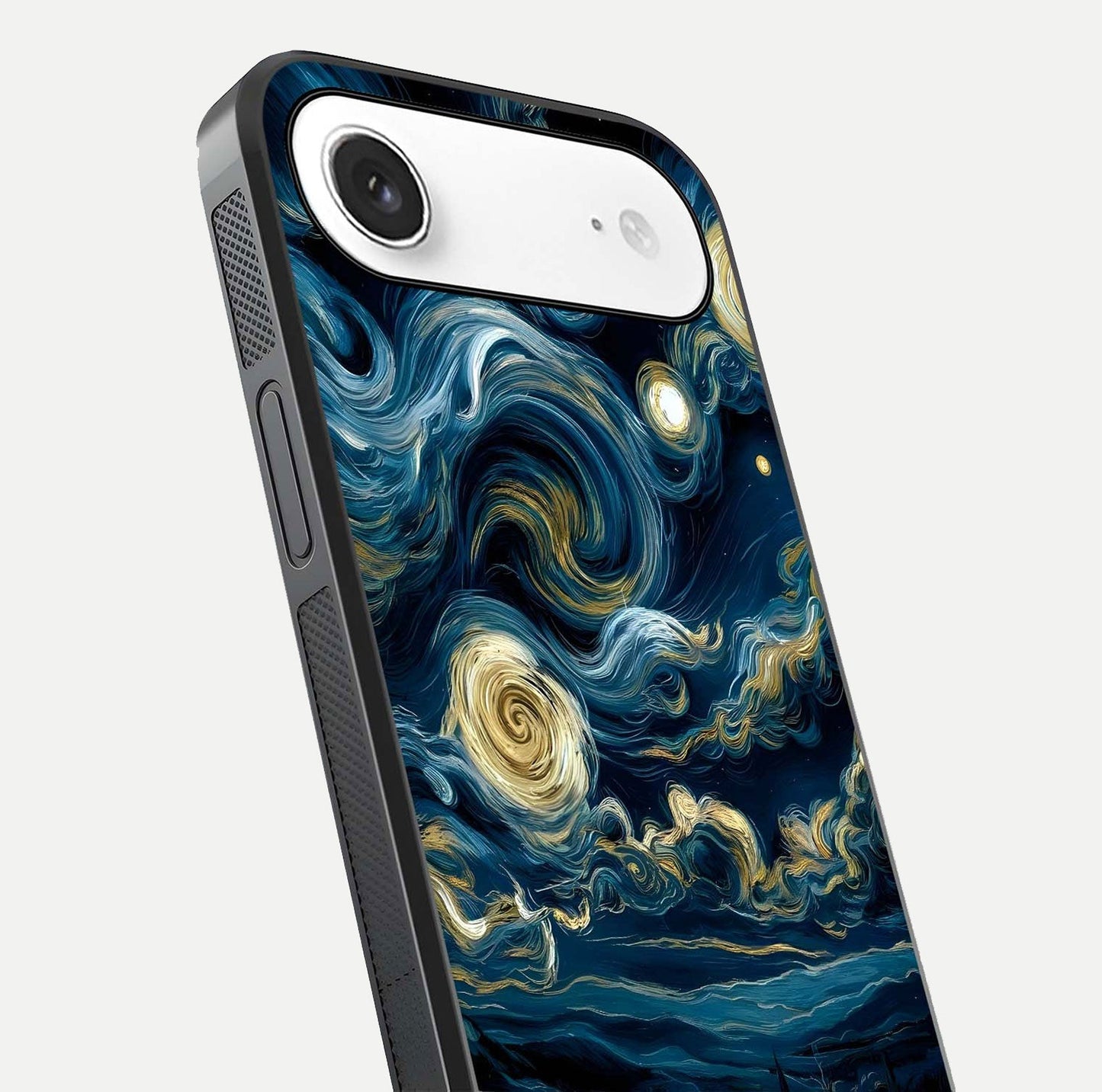 Midnight Sky Whirl Glass Case for iPhone Air  close-up angle showing spiral design and HD gloss reflection