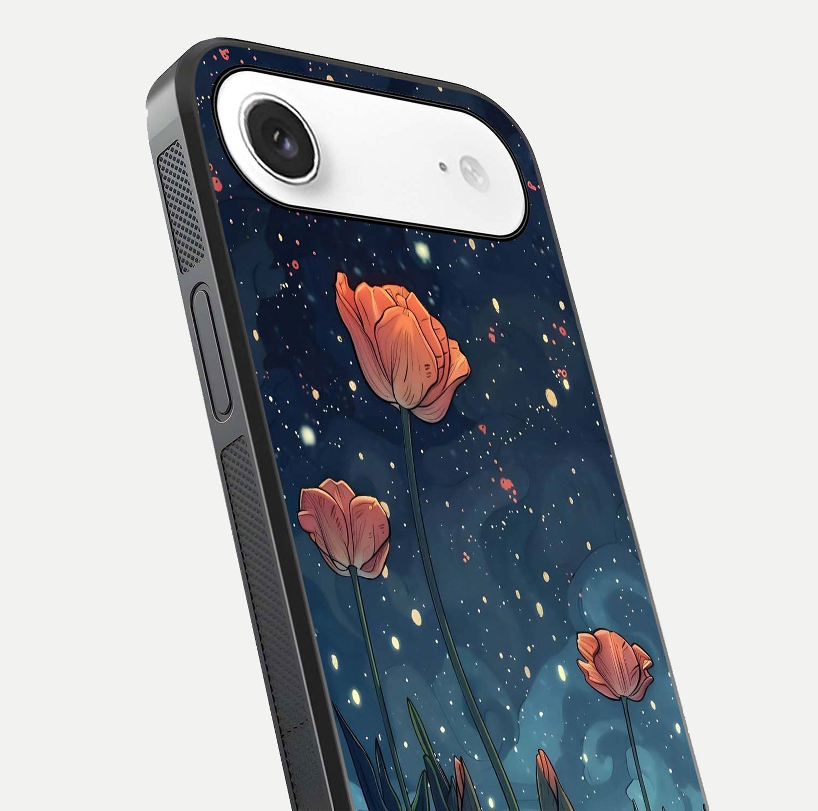 Midnight Tulip Glow Glass Case for iPhone Air  close-up angled shot showing petal details and reflection glow