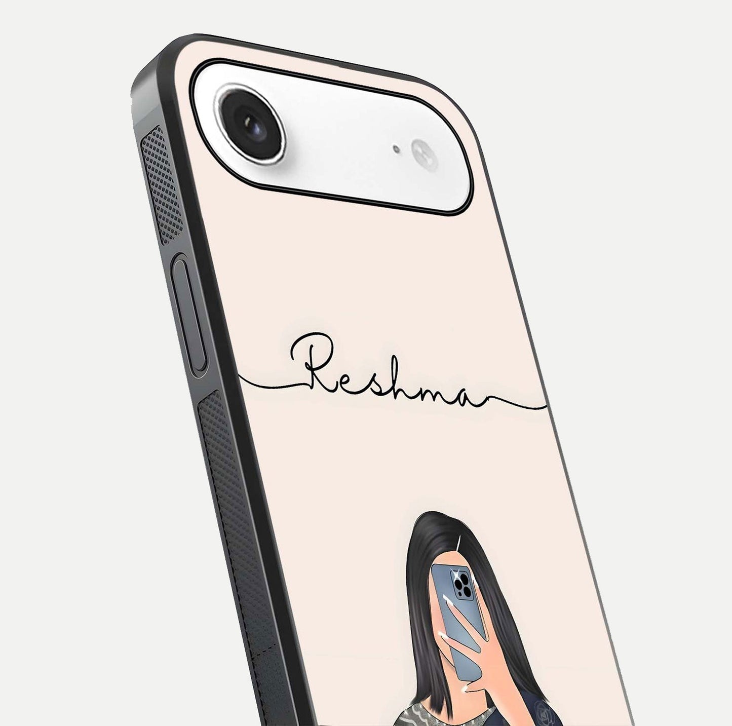 Mirror Mood Muse Custom Name Glass Case for iPhone Air  close-up angled shot highlighting gloss and mirror depth