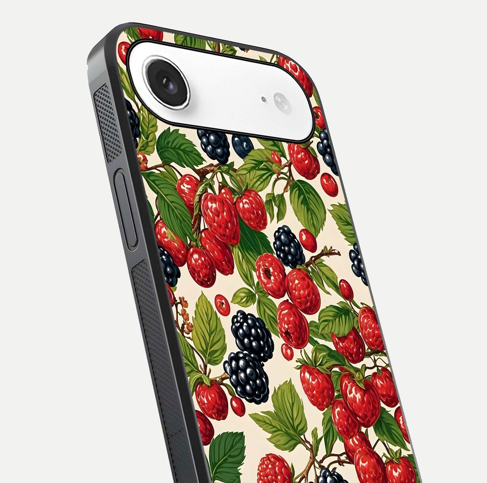 Mixed Berry Collage Glass Case for iPhone Air  close-up angled shot showing fruit detail and reflection glow