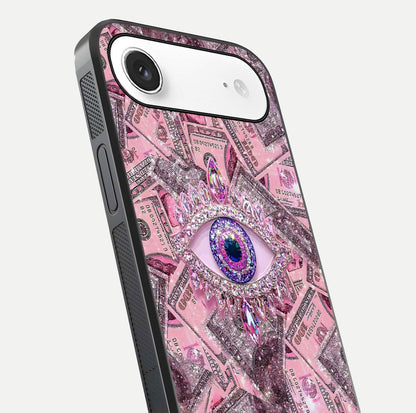 Money Eye Luxe Glass Case for iPhone Air  close-up angled shot showing gold detailing and reflection shine