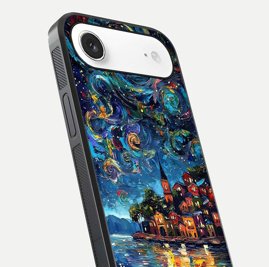 Moonlight Harbor Glow Glass Case for iPhone Air  close-up angled shot showing reflection and moonlight glow