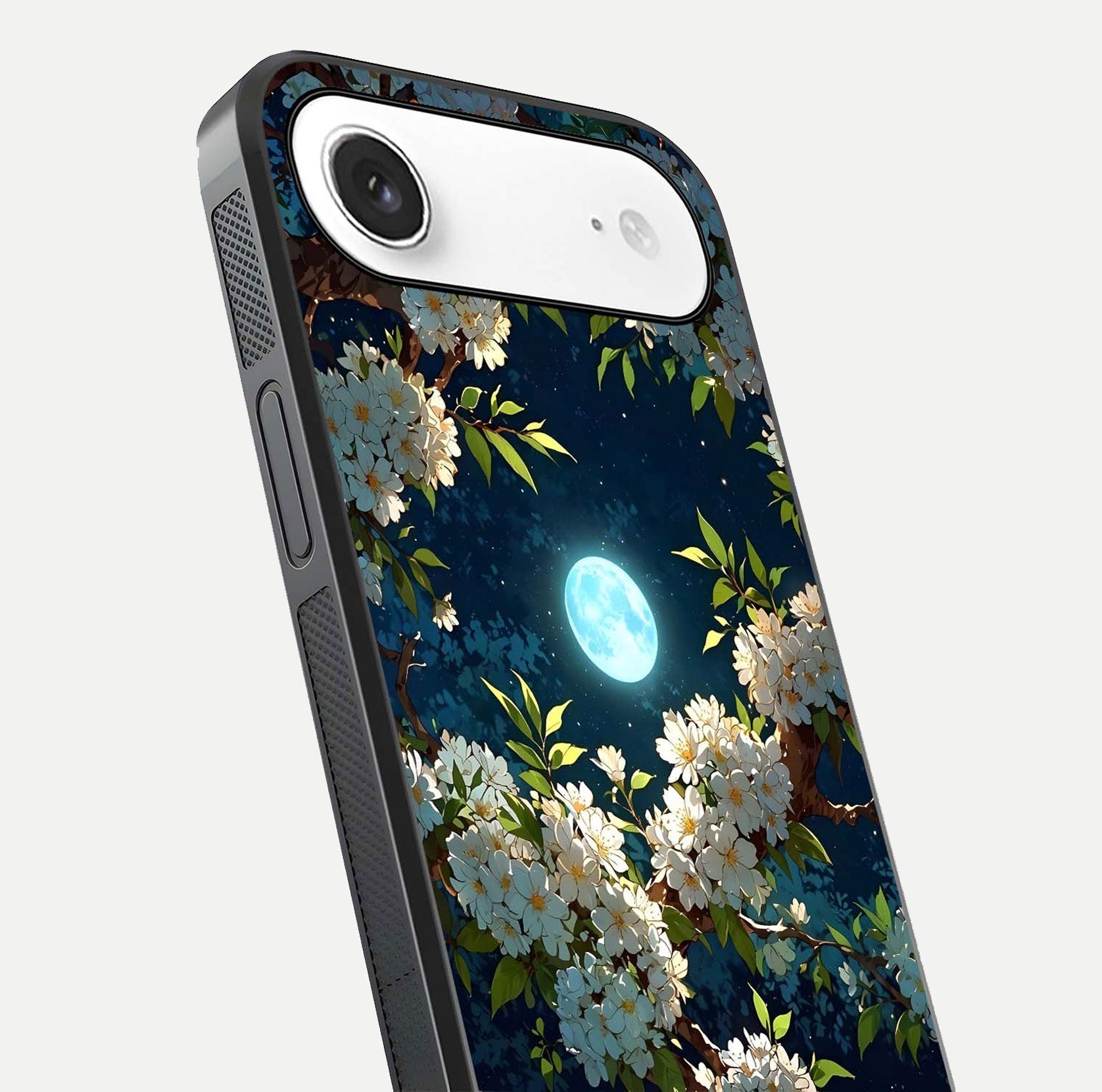 Moonlit Blossom Dream Glass Case for iPhone Air  close-up angled shot showing glowing petals and reflection