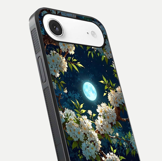 Moonlit Blossom Dream Glass Case for iPhone Air  close-up angled shot showing glowing petals and reflection