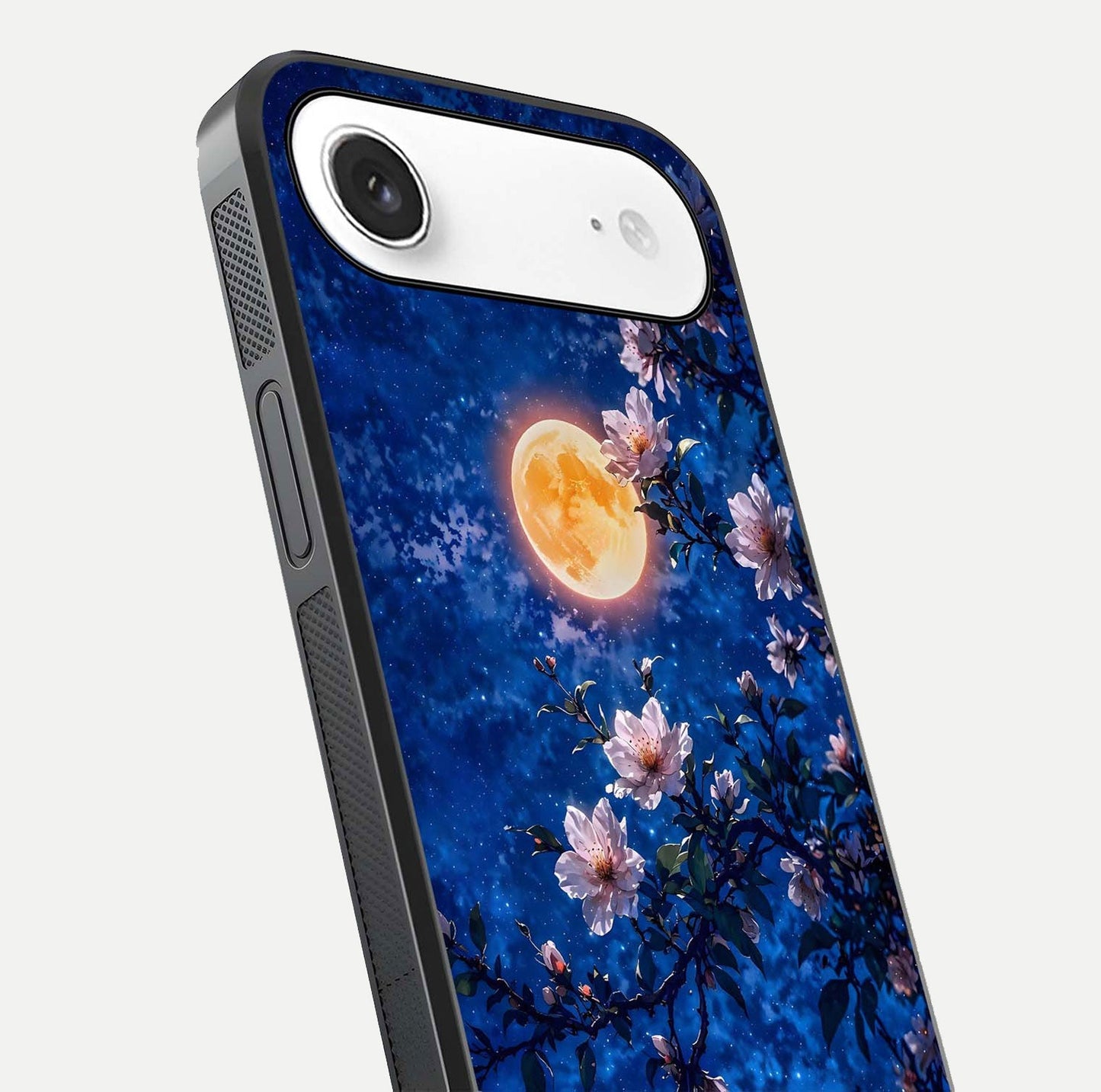 Moonlit Blossoms Night Glass Case for iPhone Air  close-up angled shot showing petal glow and reflection detail