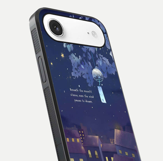 Moonlit Cat Silence Glass Case for iPhone Air  close-up angled shot showing soft glow and reflection texture