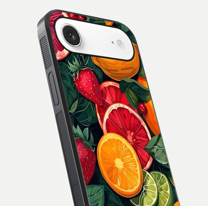 Multiple Fruits Glass Case for iPhone Air  close-up angled shot showing fruit texture and HD gloss shine