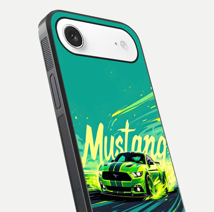 Mustang Bang Glass Case for iPhone Air  close-up angled shot showing car emblem and HD reflection