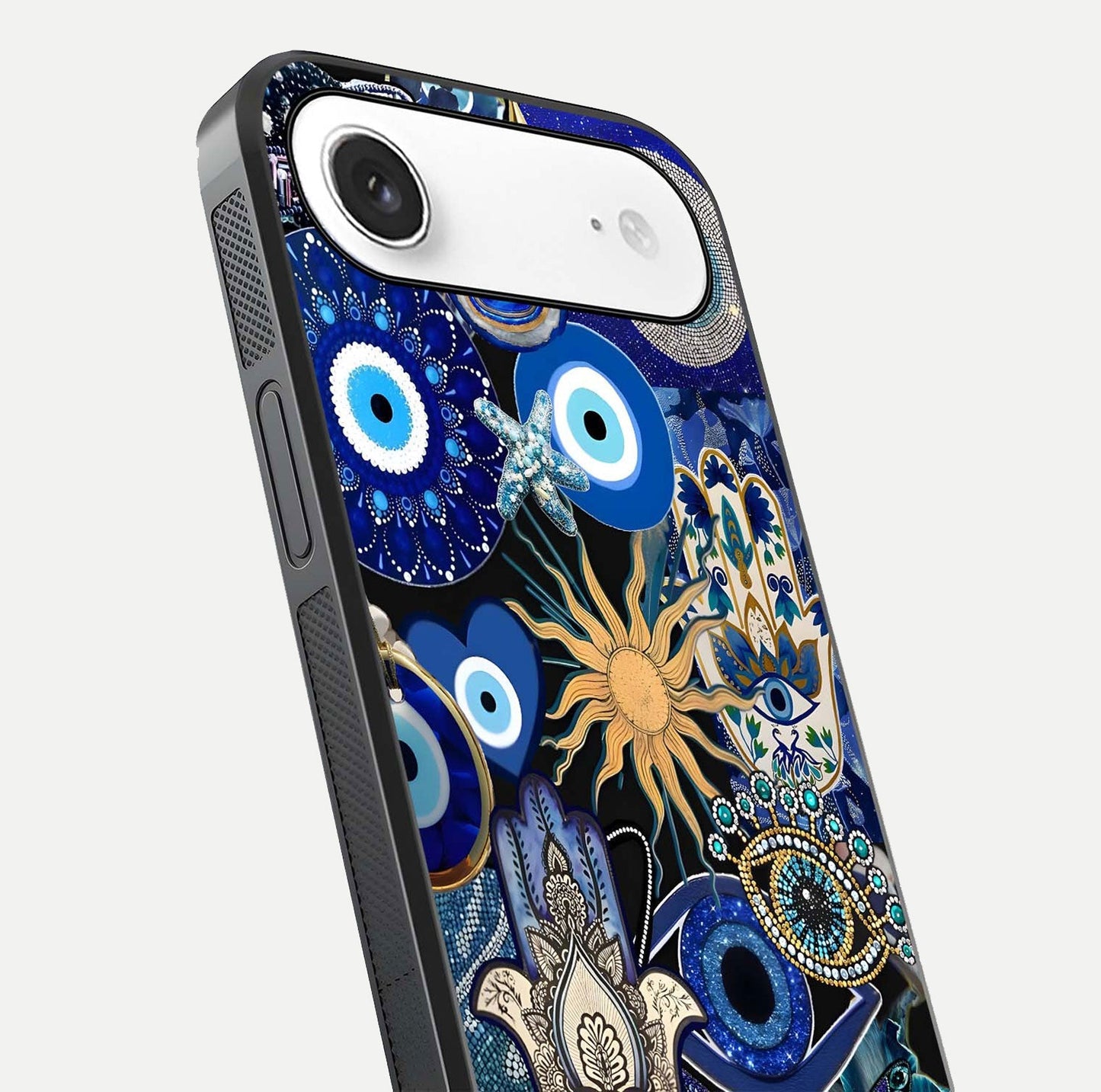 Mystic Blue Evil Eye Glass Case for iPhone Air  close-up angled shot highlighting mystical glow and HD reflection