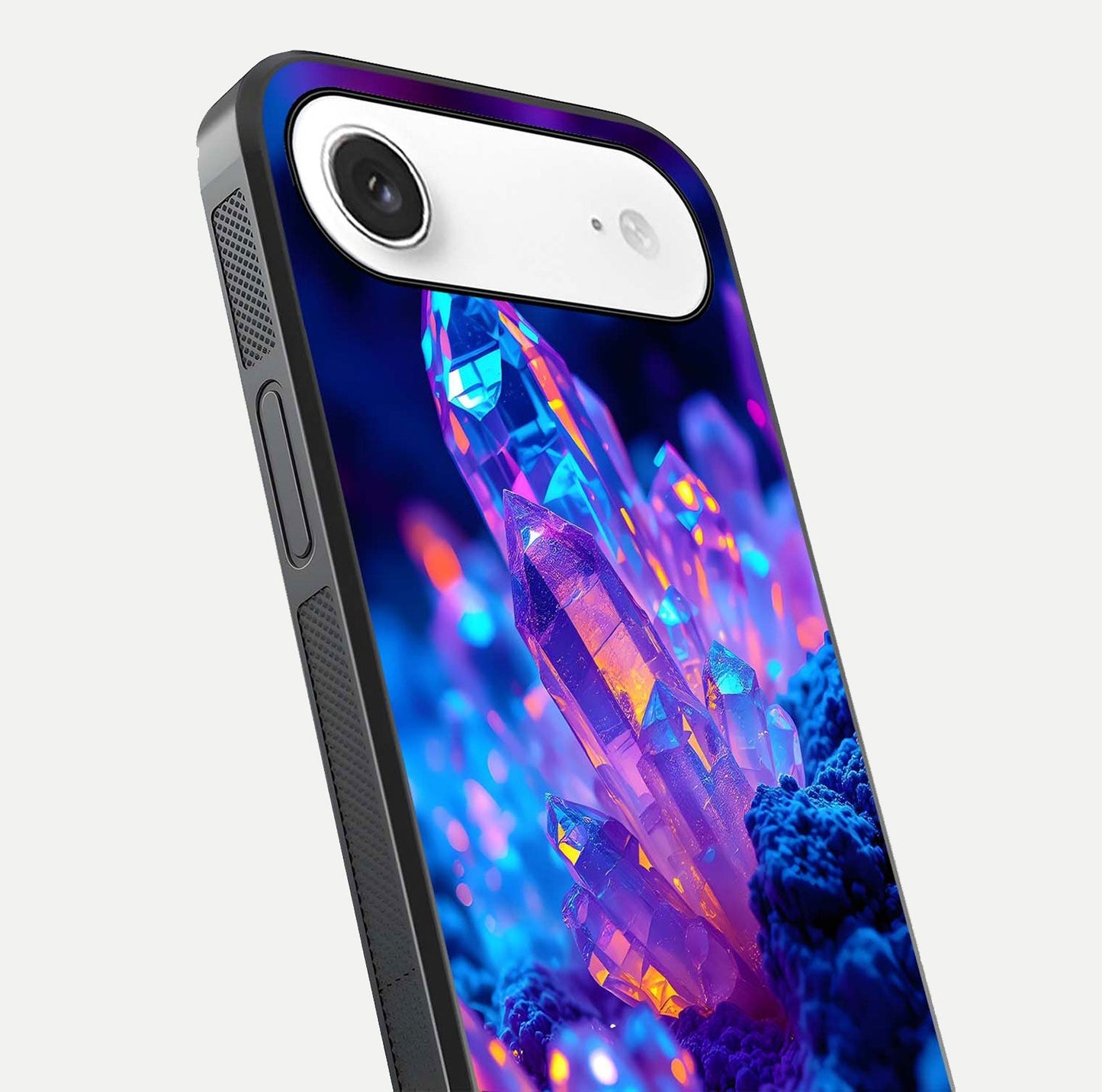 Neon Aura Shards Glass Case for iPhone Air  close-up angled shot highlighting fragment pattern and reflection