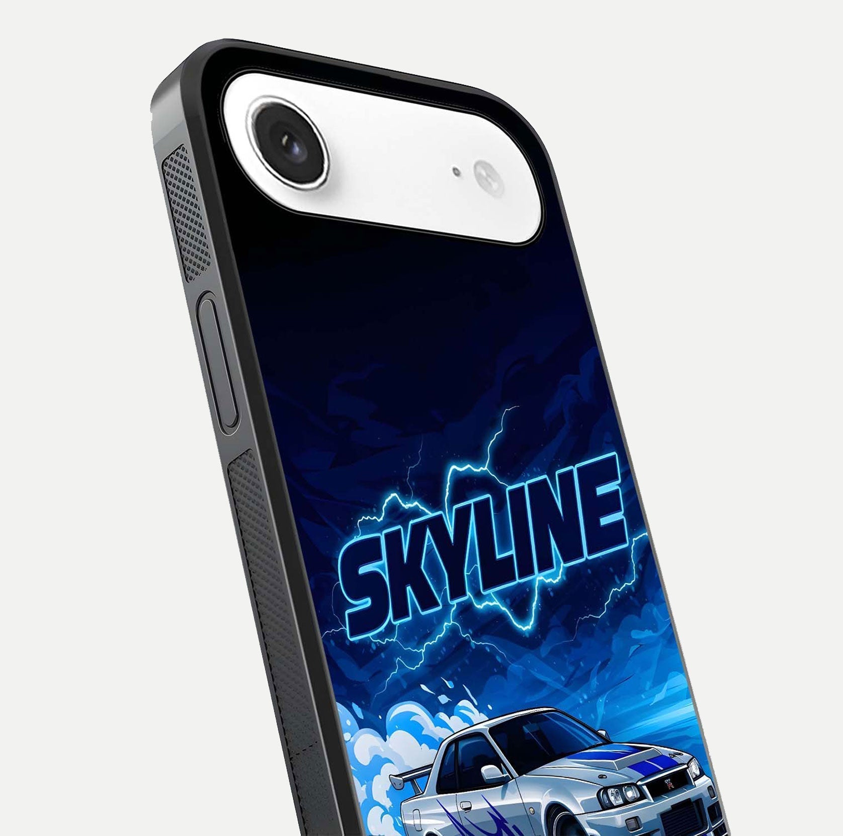 Neon Drift Beast Glass Case for iPhone Air  close-up angled shot highlighting glowing streaks and vivid reflection