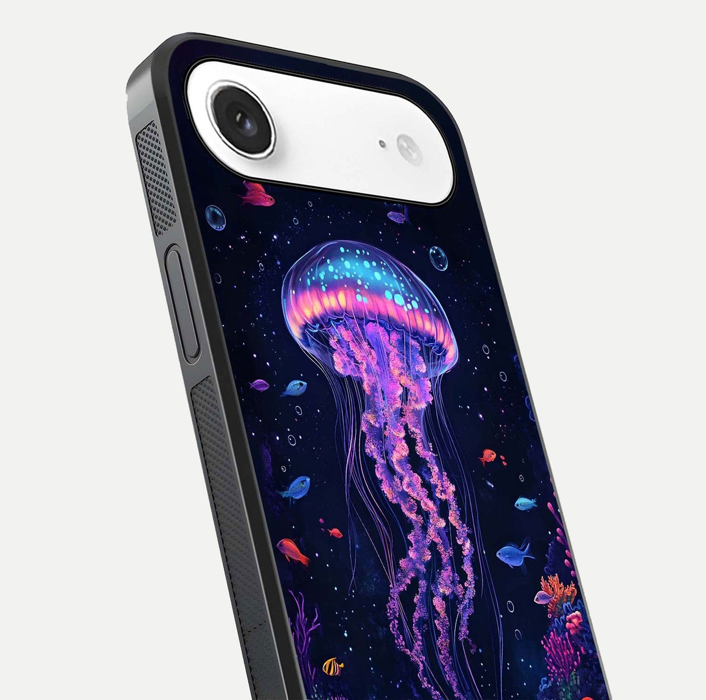 Neon Jellyfish Glass Case for iPhone Air  close-up angled shot showing translucent jellyfish and shine reflection