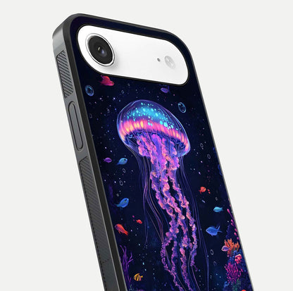 Neon Jellyfish Glass Case for iPhone Air  close-up angled shot showing translucent jellyfish and shine reflection