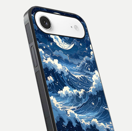 Ocean Moon Waves Glass Case for iPhone Air  close-up angled shot showing HD reflection and calm tones