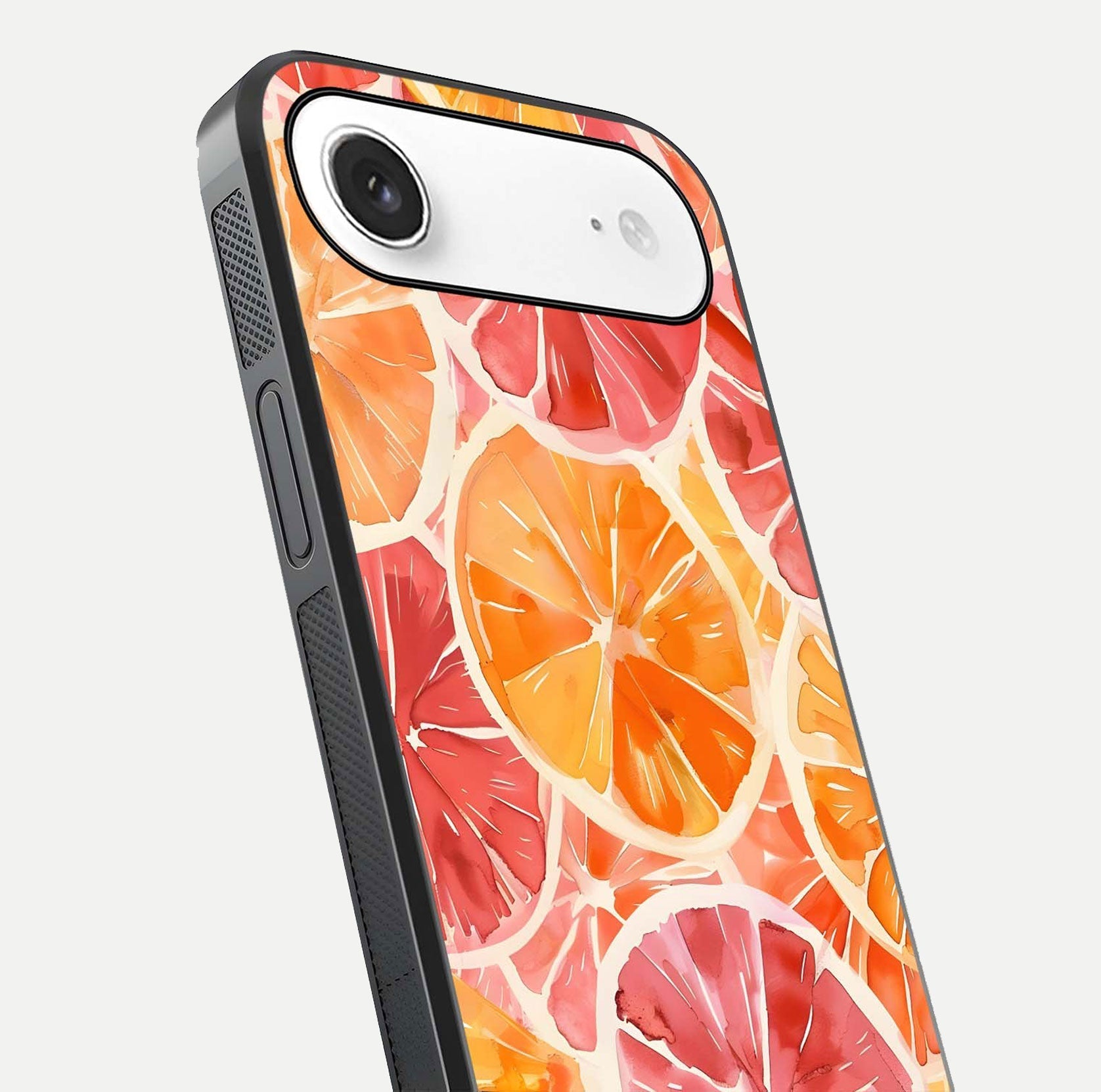 Orange Fruits Pattern Glass Case for iPhone Air  close-up angled shot showing juicy fruit texture and reflection
