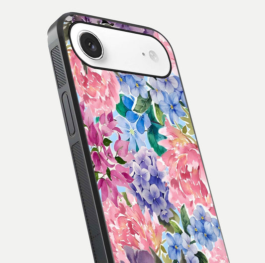 Pastel Floral Mix Glass Case for iPhone Air  close-up angled shot highlighting flower detail and reflection