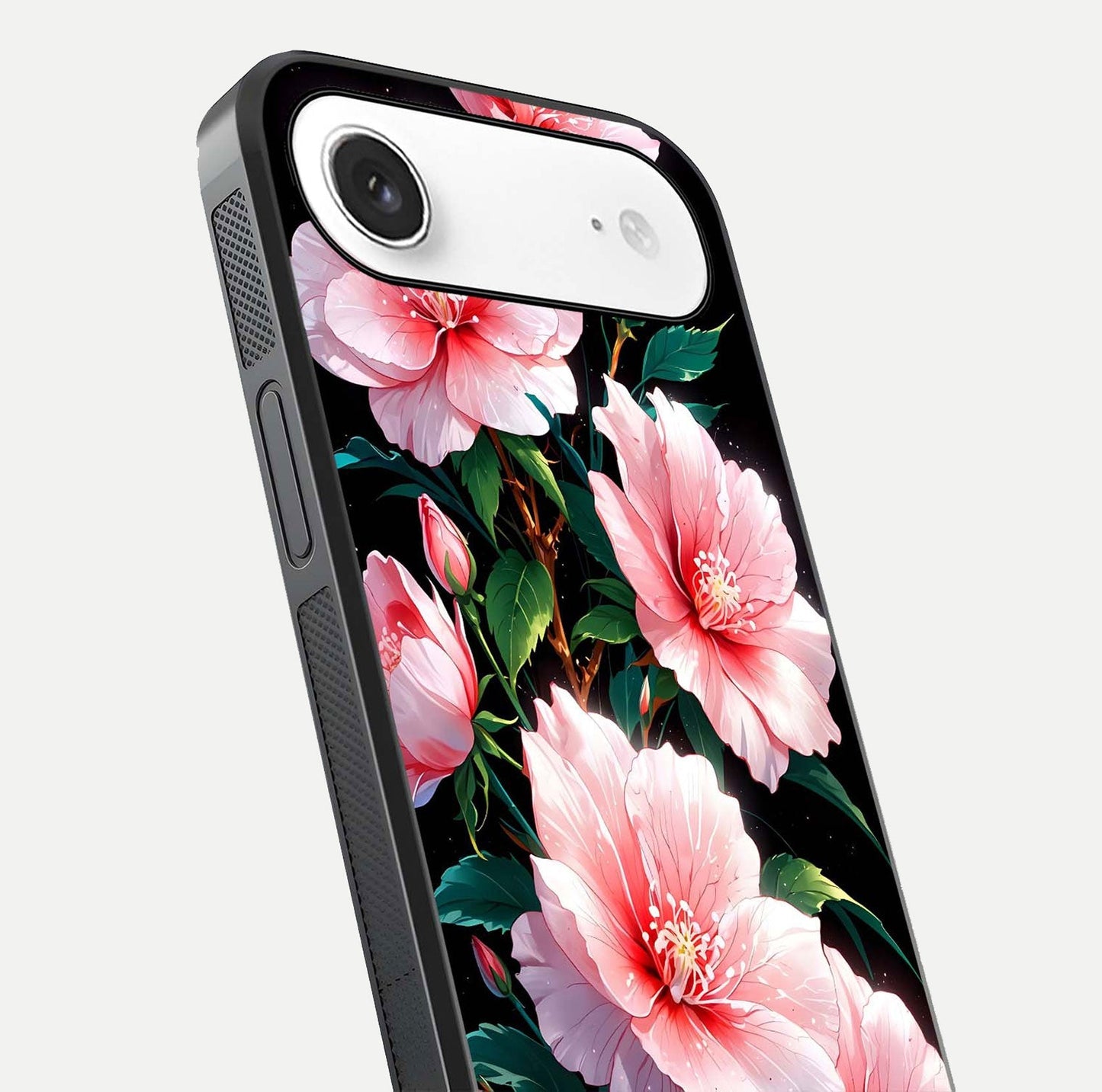 Peach Flower Glass Case for iPhone Air  close-up angled shot highlighting floral petals and HD glass reflection