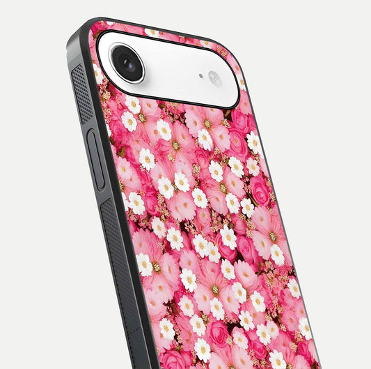 Pink Daisy Bliss Glass Case for iPhone Air  close-up angled shot highlighting daisy detail and reflection glow
