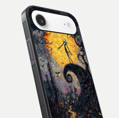 Pumpkin Moon Night Glass Case for iPhone Air  close-up angled shot showing moon reflection and Halloween glow