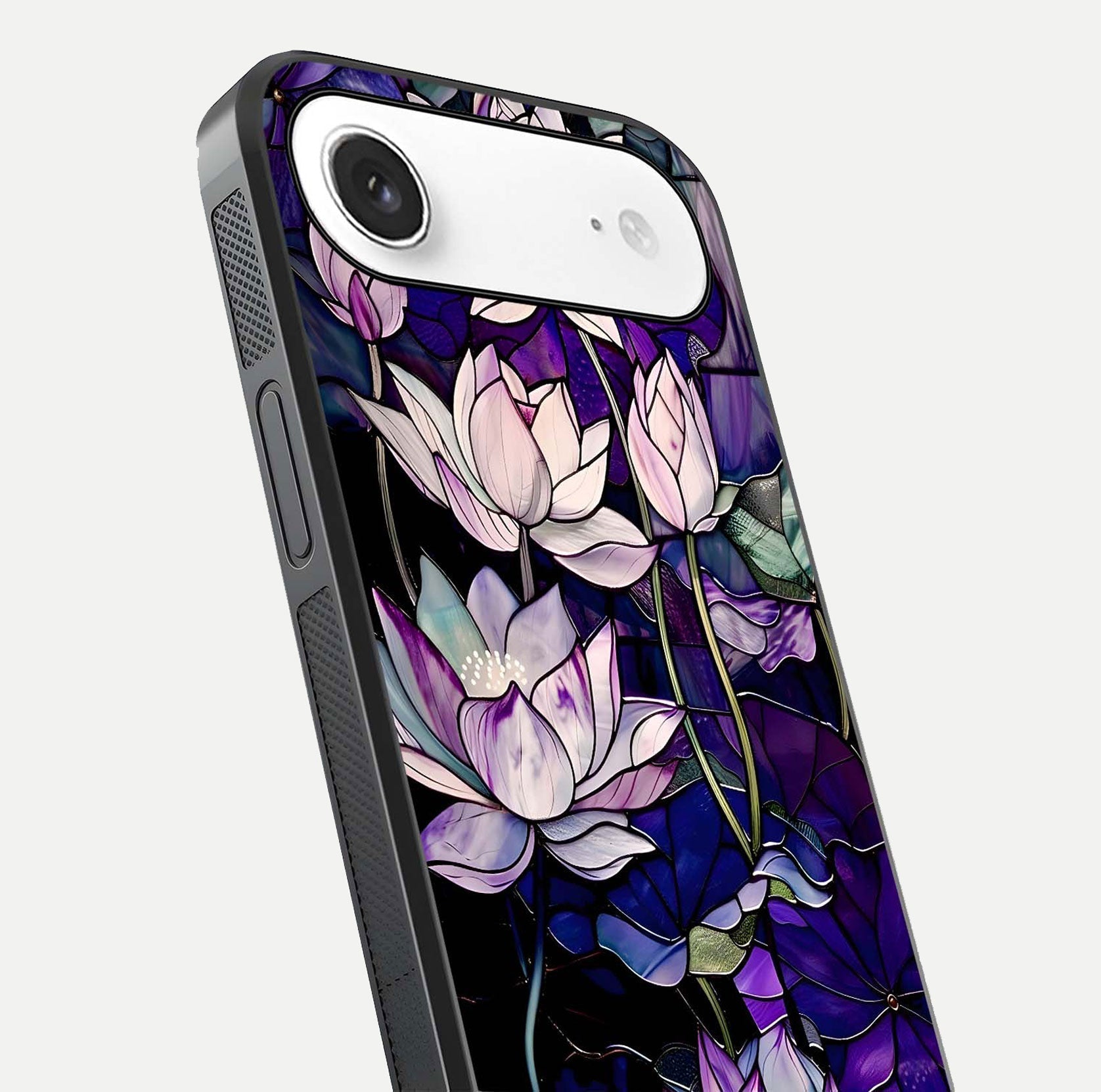 Purple Lotus Pattern Glass Case for iPhone Air  close-up angled shot showing petal texture and HD reflection