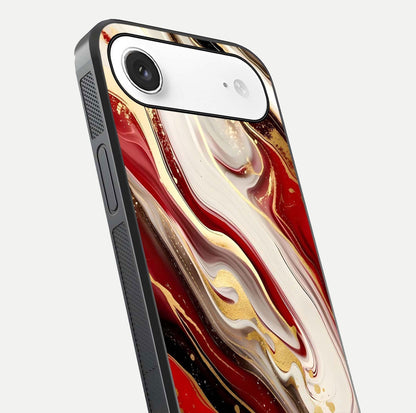 Red & White Marble Glass Case for iPhone Air  close-up angled shot highlighting fine marble veins and reflection