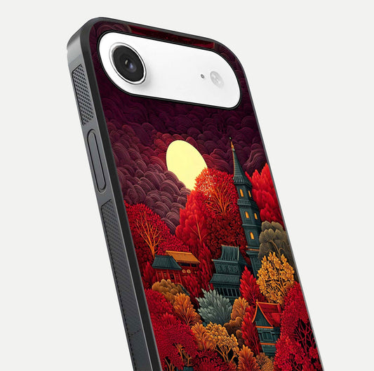 Scarlet Autumn Temple Glass Case for iPhone Air  close-up angled shot highlighting golden leaves and reflection