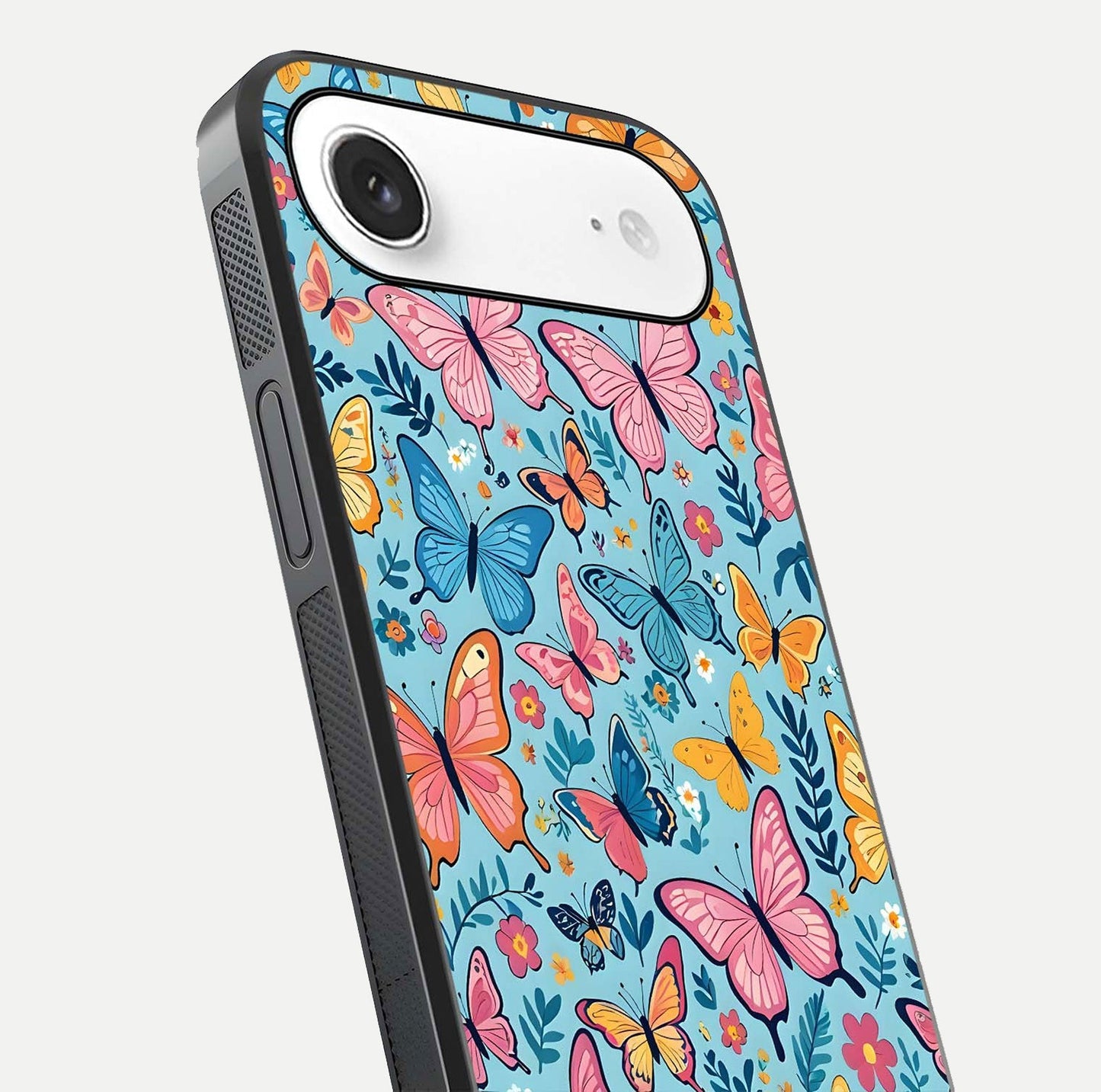 Spring Wing Garden Glass Case for iPhone Air  close-up angled shot highlighting petal details and reflection
