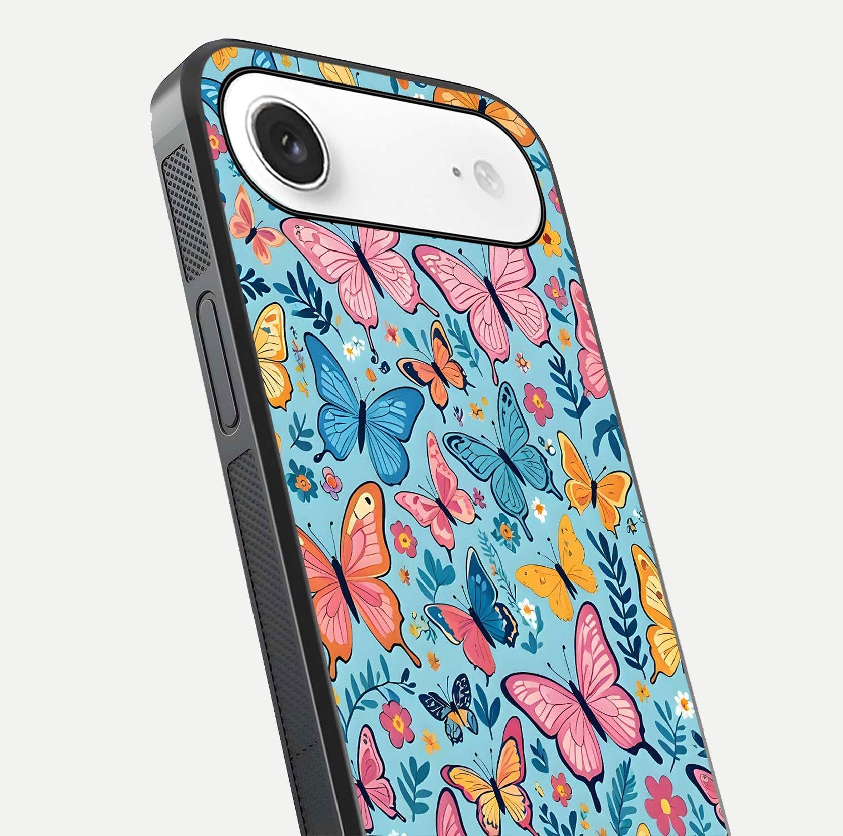 Spring Wing Garden Glass Case for iPhone Air  close-up angled shot highlighting petal details and reflection